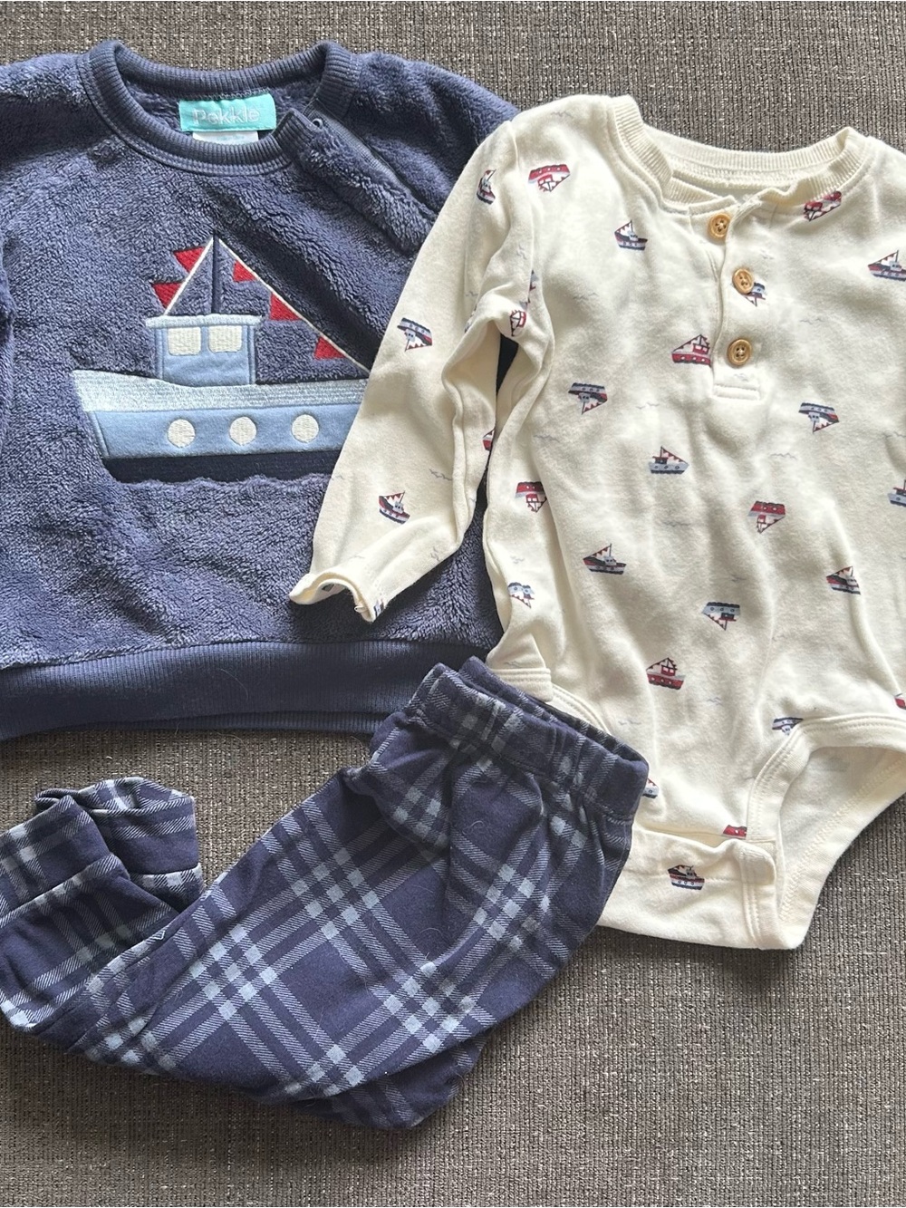 5/$25 Pekkle Navy Boat Sweater + Cream Boat Print Bodysuit & Plaid Pants Set 12M